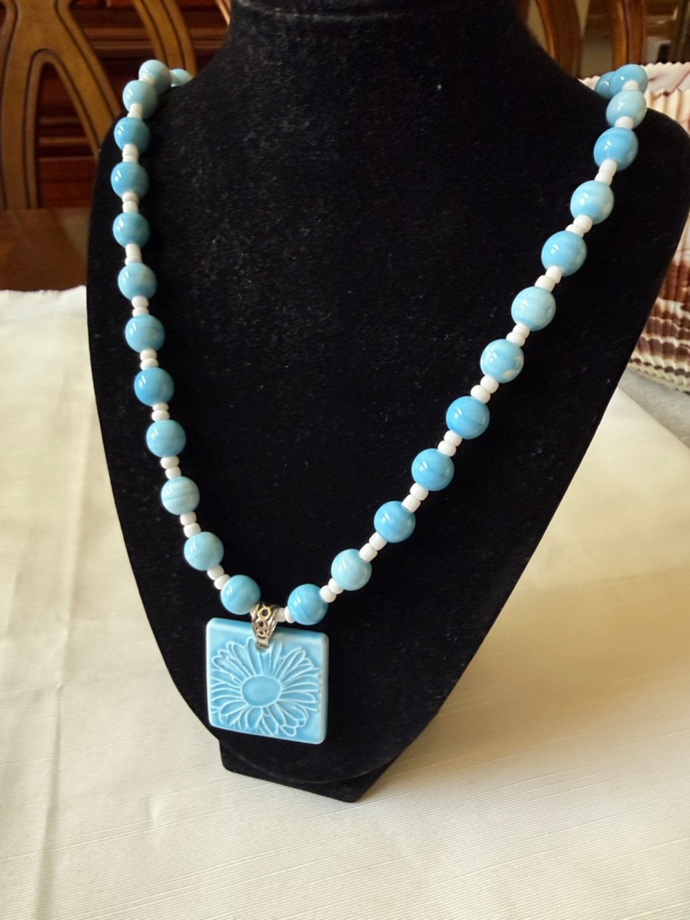 Ceramic & Glass beads Blue Floral ceramic Pendant 22” long Strand Necklace